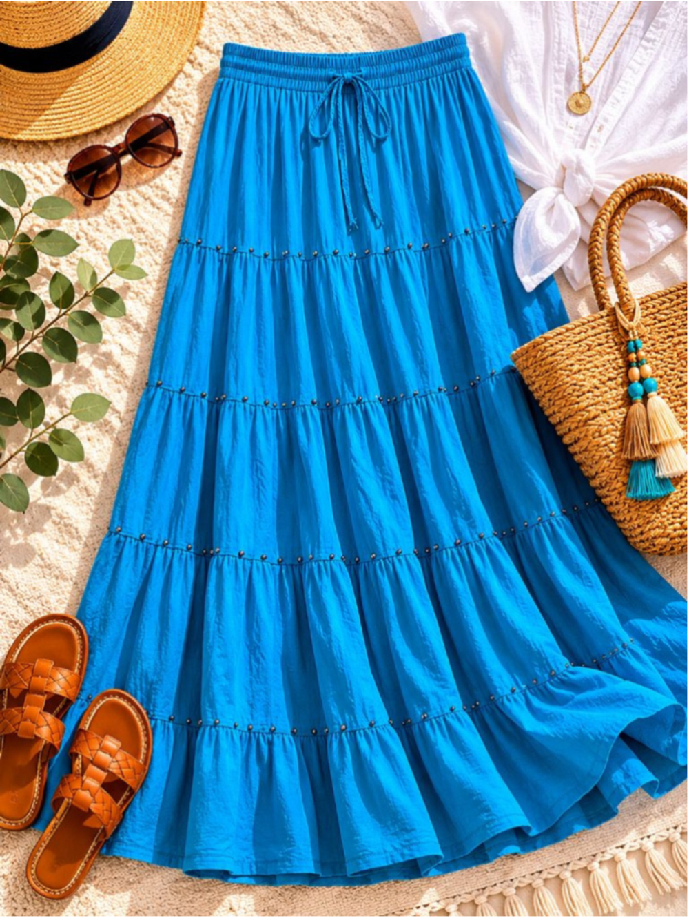 Boho Blue Cotton Tiered Maxi Skirt Beaded Trim Elastic Waist Resort Vacation M